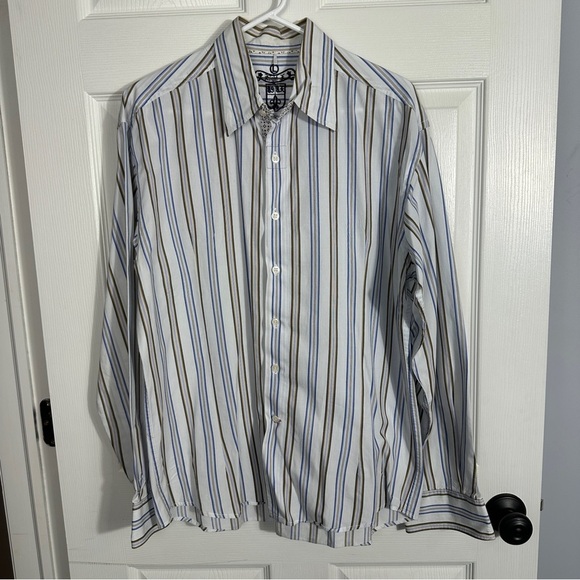 Men's dress shirt sz Lg by Eight, cotton, stripe, floral contrast, office, fall - Picture 2 of 10